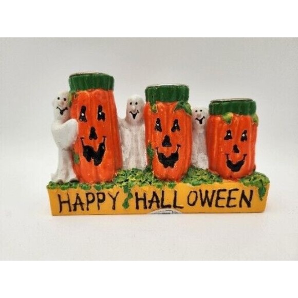 Vtg Hermitage Pottery 3 Taper Candle Holder HAPPY HALLOWEEN Pumpkins & Ghosts - Picture 1 of 9